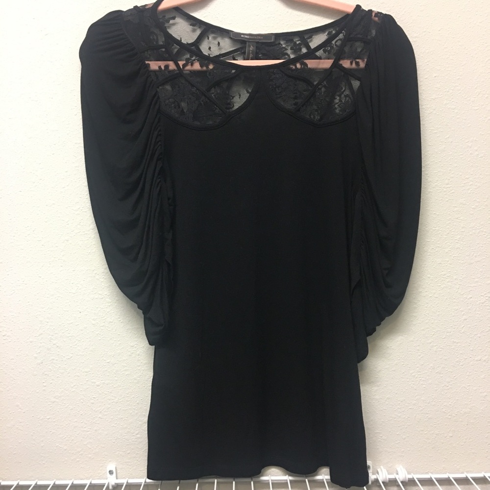 BCBG Black Blouse With Lace Detail, Size Small